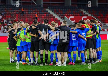 Budapest, Ungheria. 19th giugno, 2023. Budapest, Ungheria, 19st 2023 giugno: Momenti di gioia durante il gioco di incontro amichevole della nazionale Under 21 tra Ungheria e Islanda alla Venue Bozsik Arena di Budapest, Ungheria. (Gabor SAS/SPP) Credit: SPP Sport Press Photo. /Alamy Live News Foto Stock