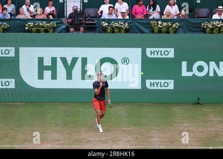 Halle, Germania. 21st giugno, 2023. Tennis: ATP Tour Singles, Men, Round of 16, Zverev (Germania) - Shapovalov (Canada). Alexander Zverev stringe il pugno. Credit: Friso Gentsch/dpa/Alamy Live News Foto Stock