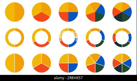 Icone del grafico a torta circolare. Collezione di diagrammi colorati con 2,3,4,5,6 sezioni. Progettazione di app Web e mobile Illustrazione Vettoriale