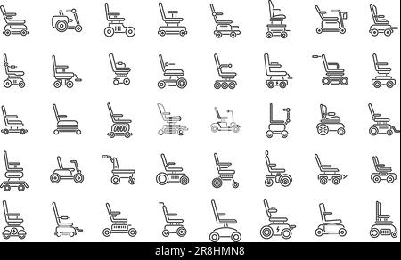 Le icone della sedia a rotelle elettrica impostano il vettore di contorno. Cura degli adulti. Aiutare l'ospedale Illustrazione Vettoriale