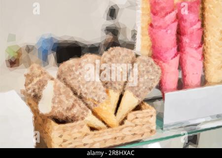 cialde di gelato in bianco. Coni di waffle in una gelateria italiana. Una varietà di gelato vegano senza zucchero con ingredienti naturali in esposizione presso il Illustrazione Vettoriale