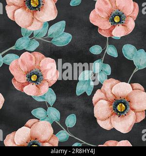 Fiore di anemone su sfondo nero acquerello senza cuciture motivo Foto Stock