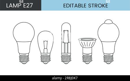 Set di icone della linea vettoriale che raffigura le lampade con base E27. Illustrazione Vettoriale