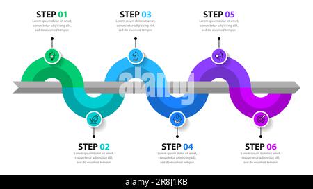 Modello infografico con icone e 6 opzioni o passaggi. Linea. Può essere utilizzato per il layout del flusso di lavoro, il diagramma, il banner, il webdesign. Illustrazione vettoriale Illustrazione Vettoriale