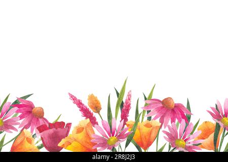 Bordo floreale senza cuciture con fiori selvatici astratti, piante e rami delicati, stampa acquerello isolato su sfondo bianco per o. Foto Stock