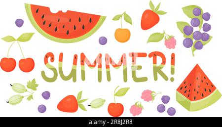 Bacche estive. Frutti di bosco e giardino. Estate scritta con motivo cocomero. Collezione illustrazioni vettoriali isolate in stile cartoon su bianco Illustrazione Vettoriale