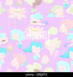 Motivo senza cuciture con Sirene carine e pesce divertente su sfondo viola Illustrazione Vettoriale