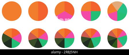 Serie di icone del grafico a torta circolare. Diagramma a colori con 10 sezioni. Illustrazione vettoriale isolata su sfondo bianco Illustrazione Vettoriale