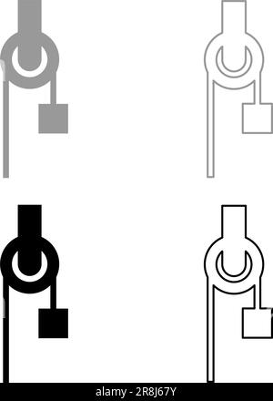 Verricello con puleggia a fune blocco di arrampicata puleggia scanalata per attrezzatura con peso del carico icona del carico carico carico illustrazione vettoriale di colore grigio nero Illustrazione Vettoriale