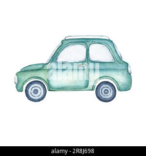 Carino blu vecchia macchina per un piccolo viaggio attraverso la campagna. Illustrazione acquerello Foto Stock