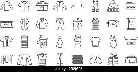 Le icone di donazione di vestiti definiscono il vettore di contorno. Dare contenitore. Dona maglione Illustrazione Vettoriale