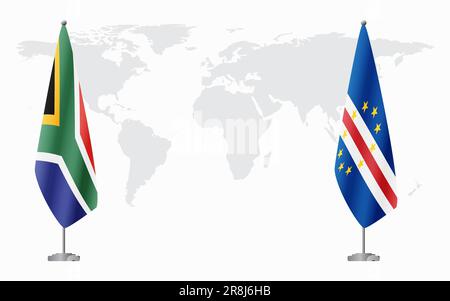 Bandiere del Sud Africa e di Capo Verde per l'incontro ufficiale sullo sfondo della mappa mondiale. Illustrazione Vettoriale