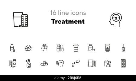 Set di icone della linea di trattamento. Flacone medico Illustrazione Vettoriale