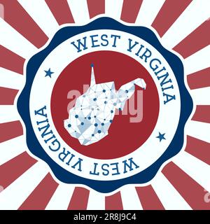 Distintivo della Virginia Occidentale. Logo rotondo dello stato US con mappa a maglia triangolare e raggi radiali. Vettore EPS10. Illustrazione Vettoriale