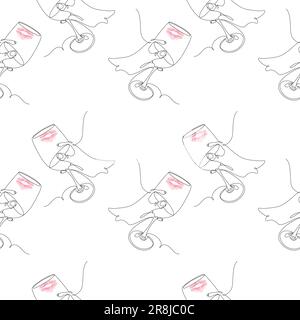 Le donne hanno a mano un bicchiere di vino in una linea continua e un segno rossetto astratto su di esso. Happy Wine Day. Isolare. Progettazione per l'imballaggio, la stampa, il poster, Illustrazione Vettoriale
