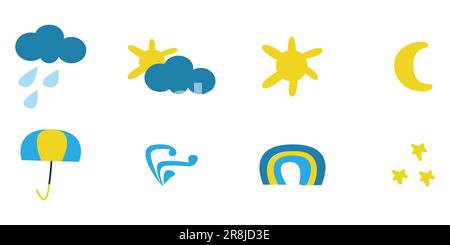 una serie di icone meteo per bambini su un bianco Illustrazione Vettoriale