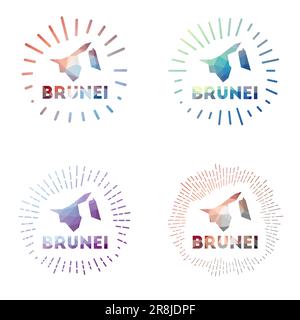 Brunei basso Poly sunburst set. Logo di paese in stile poligonale geometrico. Illustrazione vettoriale. Illustrazione Vettoriale