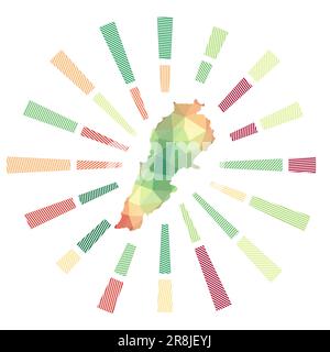 Il Libano ha sunburst. Basso poli strisce raggi e mappa del paese. Impressionante illustrazione vettoriale. Illustrazione Vettoriale