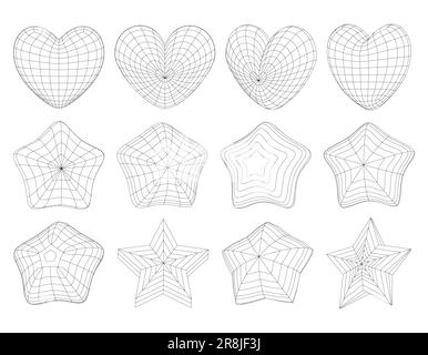 Set di cuori e stelle a reticolo vettoriale. Griglia della tecnologia 3D. Mesh 3D. Elementi grafici lineari diversi su sfondo bianco Illustrazione Vettoriale