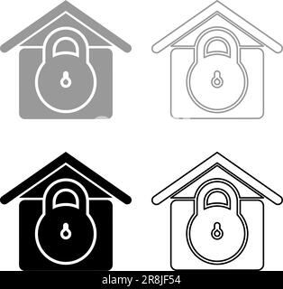 Lucchetto protezione casa con lucchetto Concept sicurezza protezione Set di sicurezza sicurezza con icona grigio nero illustrazione vettoriale immagine riempimento solido semplice Illustrazione Vettoriale