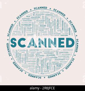 Scanned - round badge. Text scanned with keywords word clouds and circular text. Bermuda color theme and grunge texture. Radiant vector illustration. Illustrazione Vettoriale