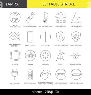 Serie di icone di linea in Vector per l'imballaggio delle lampade, illustrazione delle specifiche tecniche, bassa dissipazione di calore, dimensioni fisiche e prive di sostanze tossiche Illustrazione Vettoriale
