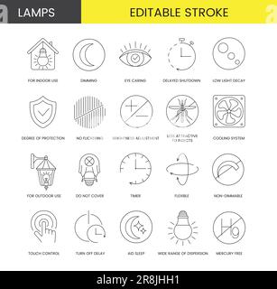 Set di icone di linea in Vector per l'imballaggio della lampada, illustrazione delle specifiche tecniche, spegnimento ritardato e cura degli occhi, per uso interno e regolazione dell'intensità luminosa, gradi Illustrazione Vettoriale