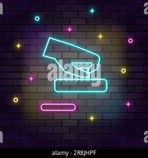 Air hockey da tavolo gioco mano neon a parete. Sfondo scuro muro icona neon muro Illustrazione Vettoriale