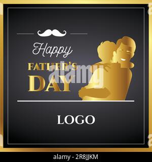 Biglietto d'auguri per la festa del papà Vector Golden Design. Padre e figlio che si abbracciano. Illustrazione Vettoriale