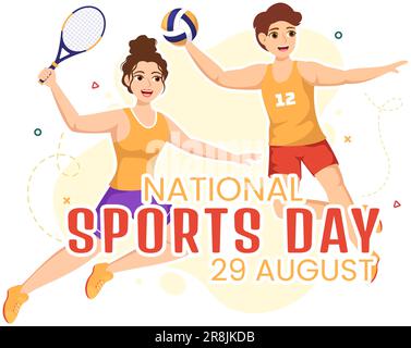 National Sports Day Vector Illustration con Sportsperson da diversi sport in Cartoon piano Landing page disegnata a mano modelli di sfondo Illustrazione Vettoriale