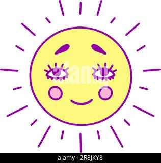 Carino kawaii carattere sole. Illustrazione vettoriale per bambini, elemento di design isolato. Adesivi, etichette, icone per bambini. Illustrazione Vettoriale