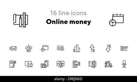 Set di icone linea di denaro online Illustrazione Vettoriale