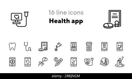 Set di icone della riga dell'app Health Illustrazione Vettoriale