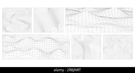 Linee ondulate vettoriali astratte su sfondo bianco. Set di onde dinamiche geometriche. 3D tecnologia wireframe, astratto paesaggio montano. Filo distorto Illustrazione Vettoriale