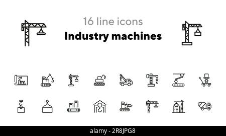 Set di icone della linea macchine industriali Illustrazione Vettoriale