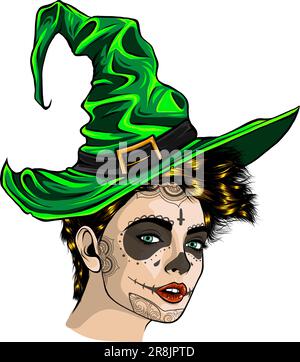 Bella strega con cappello. Disegno vettoriale a mano Illustrazione Vettoriale