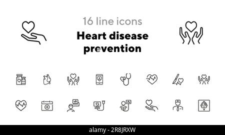 Serie di icone per la linea di prevenzione delle malattie cardiache Illustrazione Vettoriale