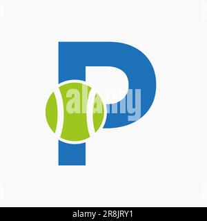 Logo tennis sul concetto lettera P. Modello vettoriale simbolo logo sportivo tennis Illustrazione Vettoriale