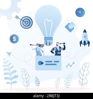 Lavoro di squadra, ricerca di idee di business concetto. Incubatore aziendale, avvio dello sviluppo e lavoro di squadra. Esseri umani con spyglass.Business persone, segni e ico Illustrazione Vettoriale