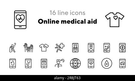 Set di icone della linea di assistenza medica online Illustrazione Vettoriale