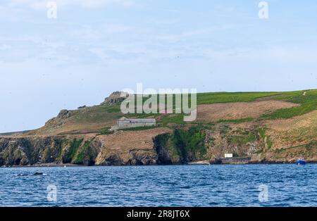 La nuova casa del guardiano e la spiaggia di North Haven a Skomer, un'isola al largo della costa di Pembrokeshire, vicino a Marloes Galles occidentale, famosa per la sua fauna selvatica Foto Stock