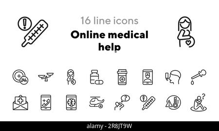 Set di icone della linea di assistenza medica online Illustrazione Vettoriale