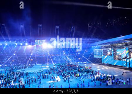 Giugno 21, 2023, Cracovia, Malopolska, Polonia: Spettacolo di fuochi d'artificio e luci concludere la cerimonia di apertura dei Giochi europei 2023 a Cracovia, Polonia (Credit Image: © Mickael Chavet/ZUMA Press Wire) SOLO PER USO EDITORIALE! Non per USO commerciale! Foto Stock