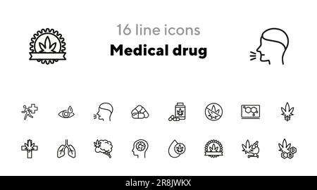 Set di icone per la linea di farmaci medicali. Cannabis, pillole Illustrazione Vettoriale