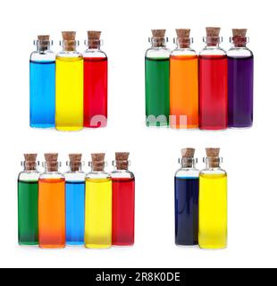Collage di bottiglie di vetro con diversi coloranti alimentari isolato su bianco Foto Stock