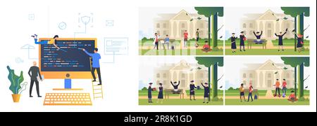 Set di immagini con le persone che studiano nelle università Illustrazione Vettoriale