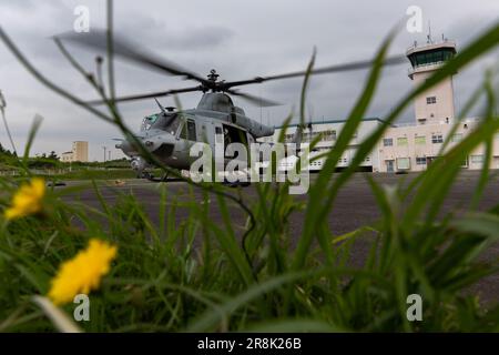 NEGLI STATI UNITI Marine Corps UH-1Y elicottero Venom con Marine Light Attack Helicopter Squadron (HMLA) 169, Marine Aircraft Group 36, si prepara a decollare durante Fuji Viper a Camp Fuji, Giappone, 19 giugno 2023. Fuji Viper fornisce 1st Ala del velivolo marino con le occasioni realistiche di addestramento per esercitare le armi combinate ed effettuare la competenza, la letalità e la prontezza. (STATI UNITI Corpo marino foto di CPL. Kyle Chan) Foto Stock