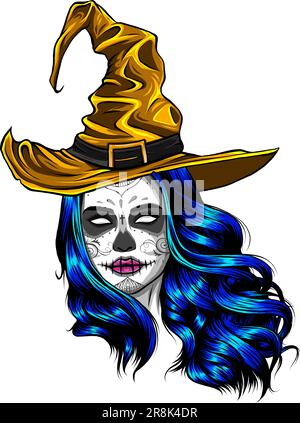 Bella strega con cappello. Disegno vettoriale a mano Illustrazione Vettoriale