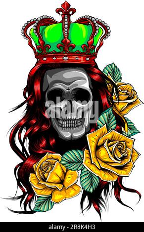 Il cranio regina con corona e fiori di rose Illustrazione Vettoriale