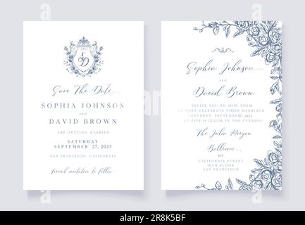 Vintage Floral Wedding invito, Save the Date, blu antico matrimonio. Illustrazione Vettoriale